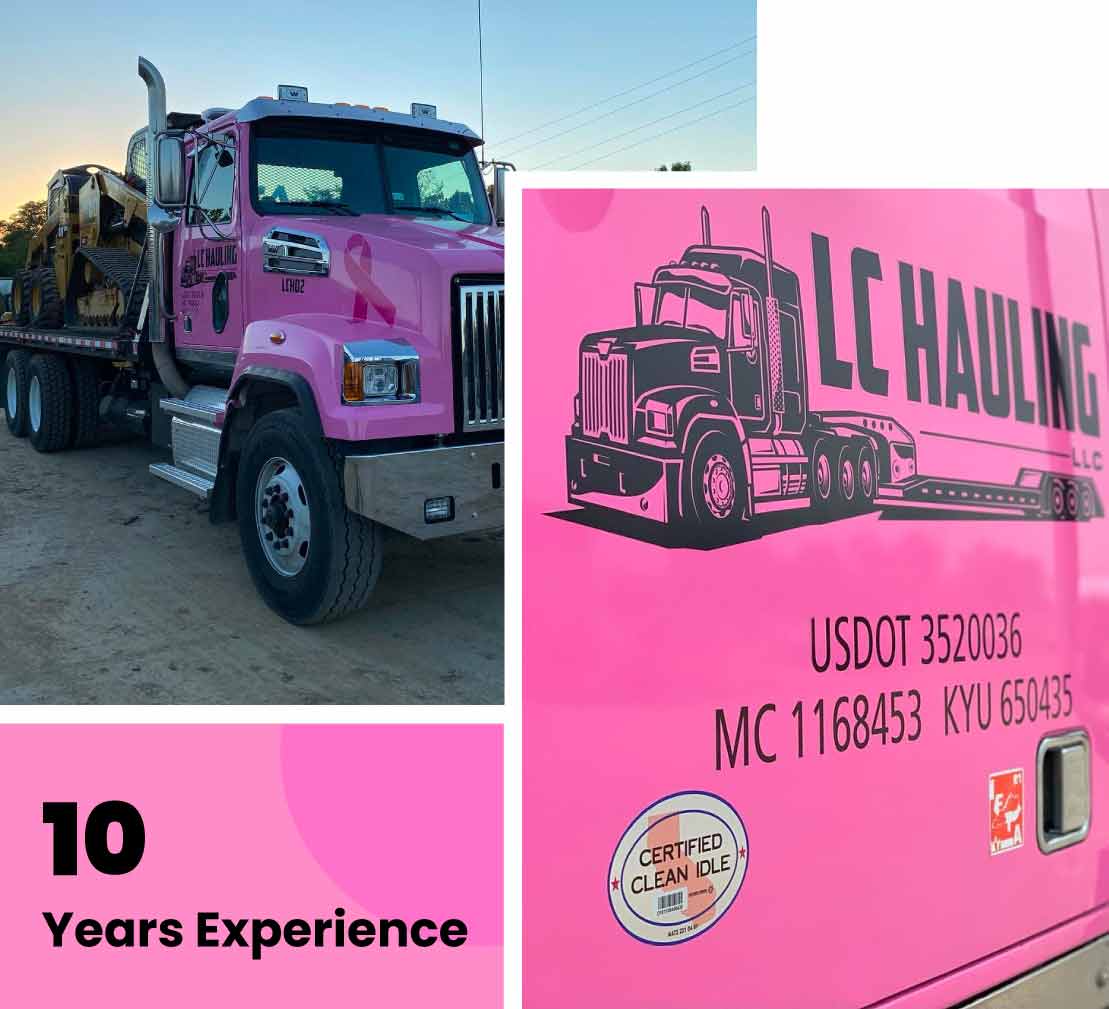 Pink LC Hauling truck and close up of logo on truck door